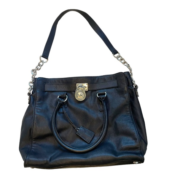 Michael Kors Hamilton Leather Satchel Black With Silver Lock & Chain Large - Picture 6 of 16